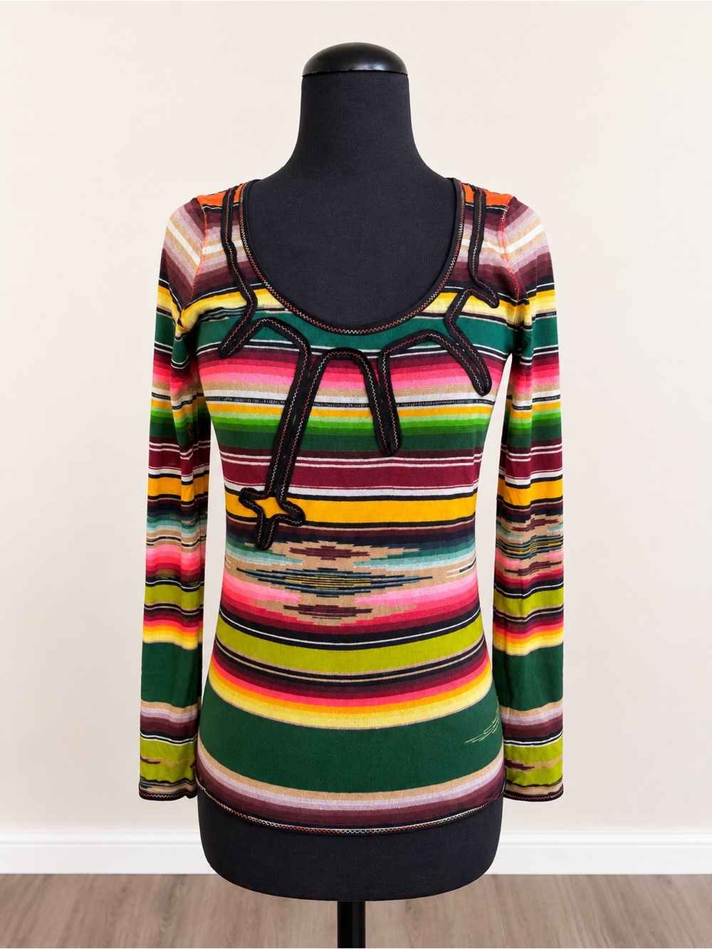 Jean Paul Gaultier Soleil Stretch Mesh Multicolor Long-Sleeve Scoop Neck Top